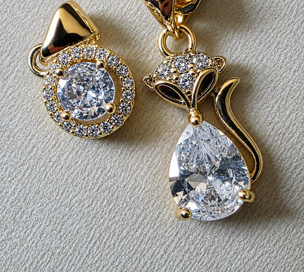 14K Gold Layered Chain Necklace Set with Crystal Pendants