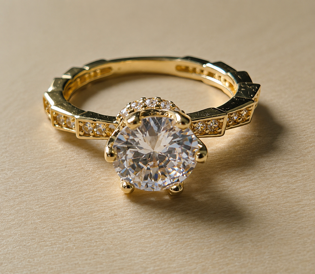 Elegant Gold Solitaire Ring with Pavé Band-14K Gold Filled. Size 7