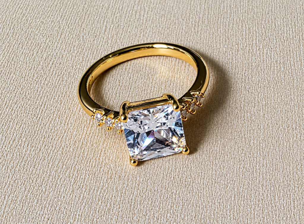 Radiant Cushion-Cut Solitaire Ring- 14K Gold Filled. Size 7