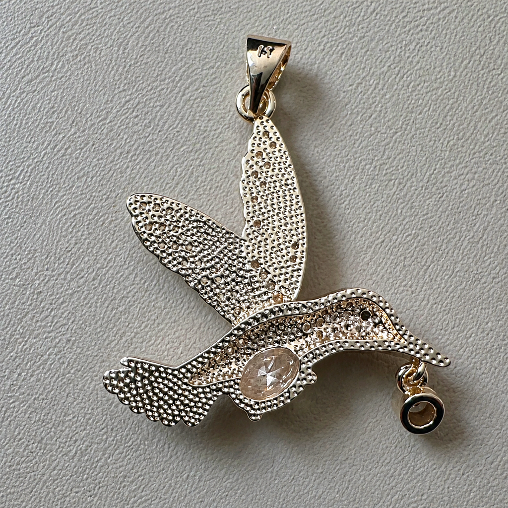 14K Gold Filled Hummingbird Pendant Necklace | Blue & Green Enamel Crystal Wings | Nature Inspired Statement Jewelry 1.35"