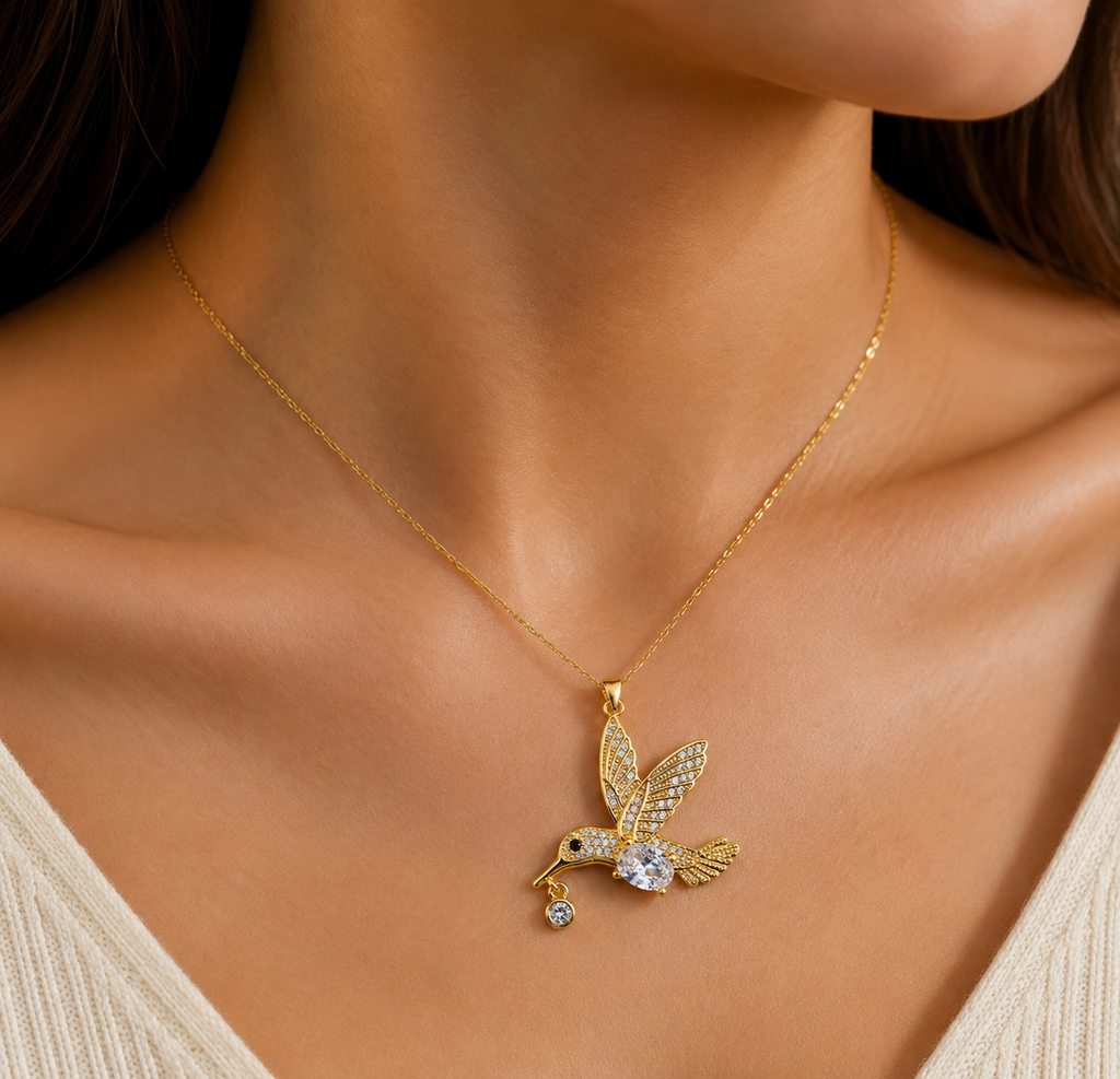 14K Gold Filled Hummingbird Pendant Necklace | Blue & Green Enamel Crystal Wings | Nature Inspired Statement Jewelry 1.35"