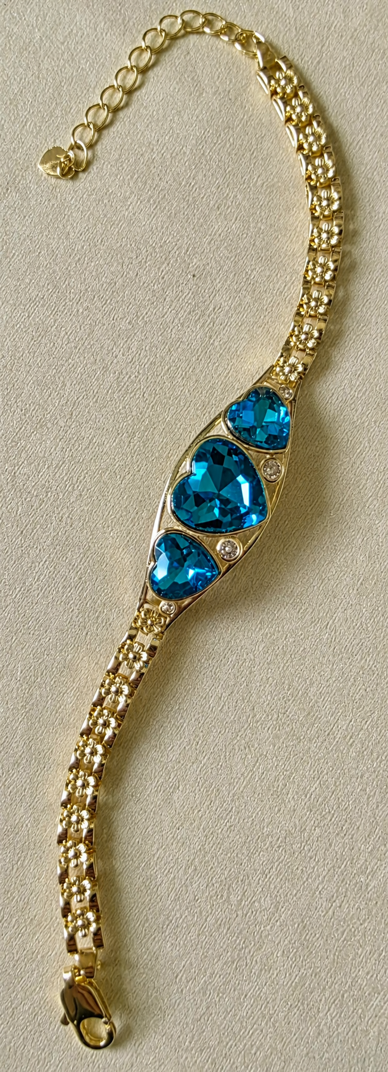 14K Gold Filled Blue Heart Crystal Bracelet – Triple Heart Gemstone Design with Floral Detail Band
