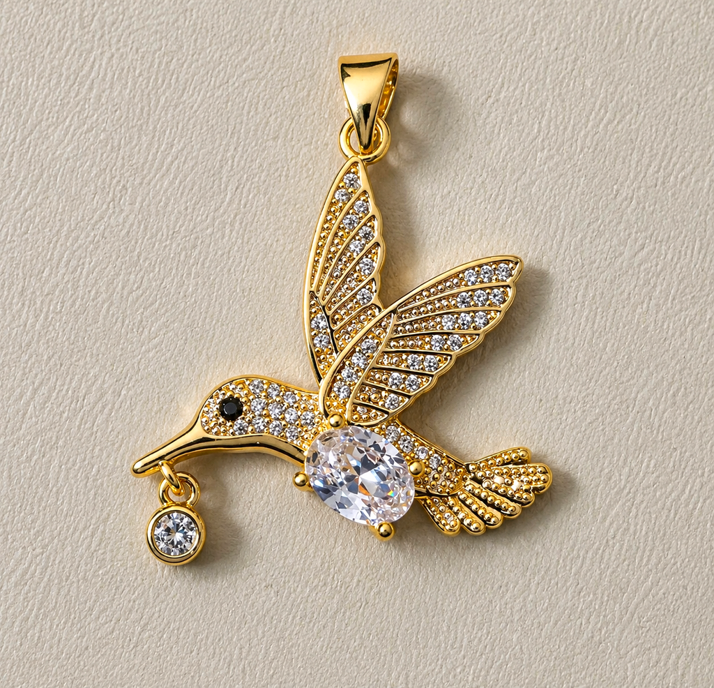 14K Gold Filled Hummingbird Pendant Necklace | Blue & Green Enamel Crystal Wings | Nature Inspired Statement Jewelry 1.35"