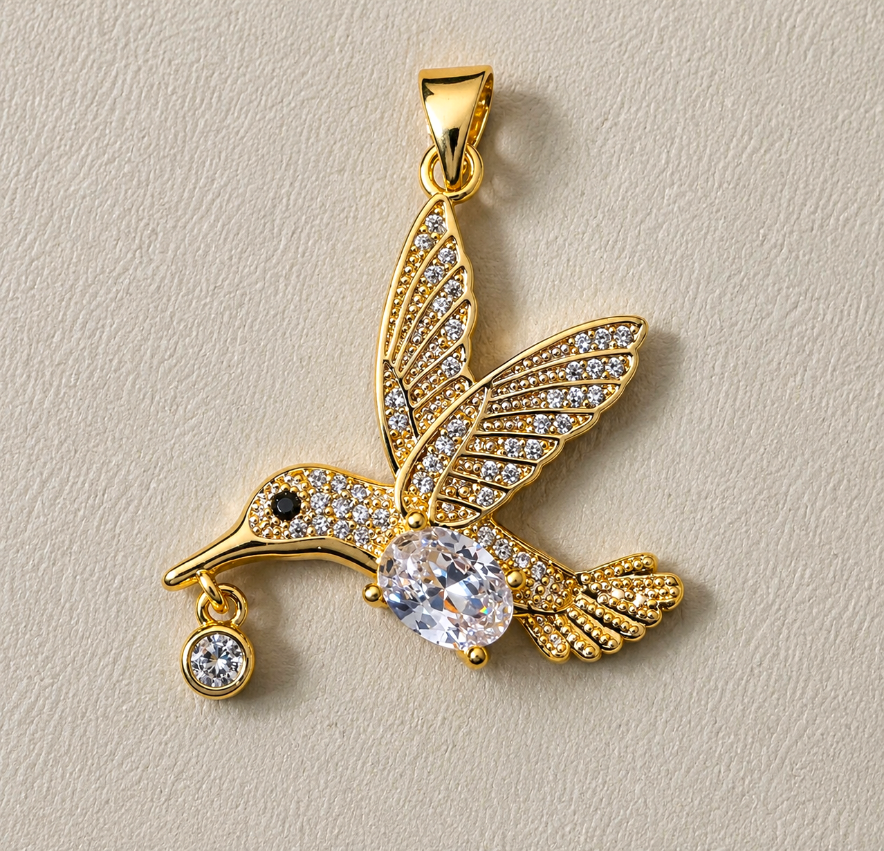 14K Gold Filled Hummingbird Pendant Necklace | Blue & Green Enamel Crystal Wings | Nature Inspired Statement Jewelry 1.35"