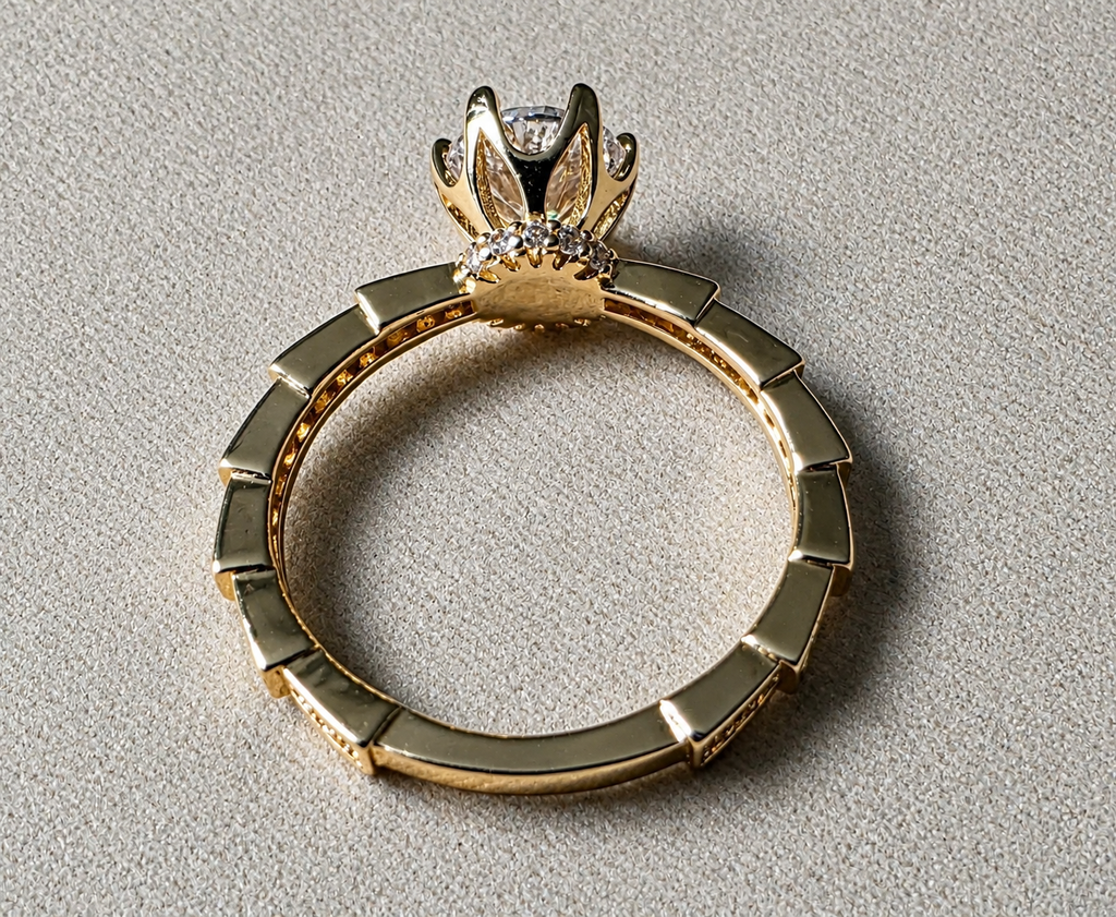 Elegant Gold Solitaire Ring with Pavé Band-14K Gold Filled. Size 7