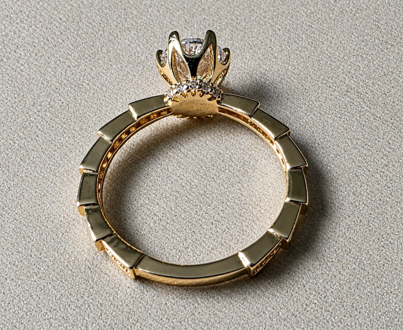 Elegant Gold Solitaire Ring with Pavé Band-14K Gold Filled. Size 7