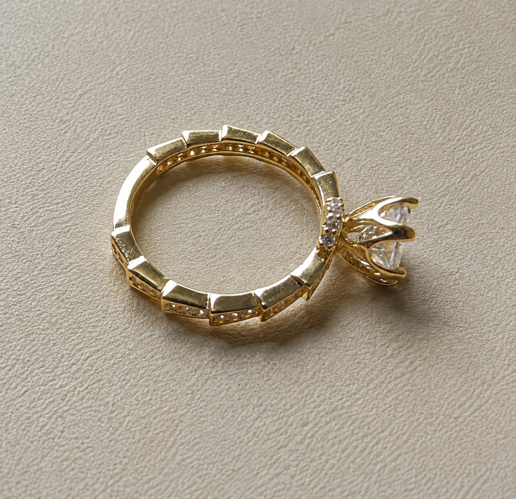 Elegant Gold Solitaire Ring with Pavé Band-14K Gold Filled. Size 7