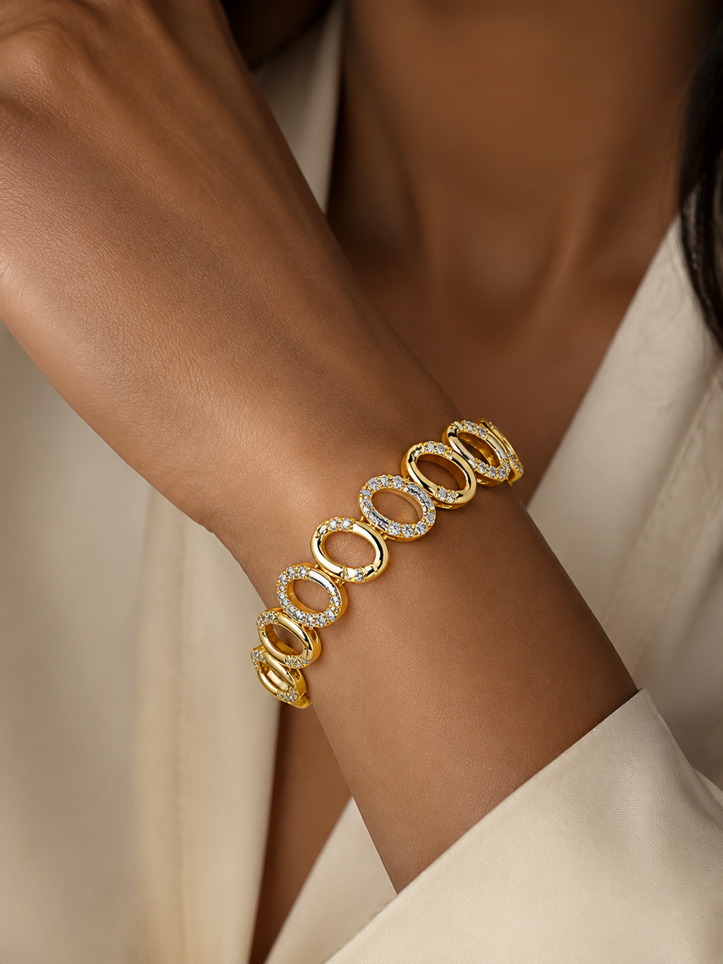 Luxe Oval Link Bracelet 14K Gold Filled | Pave Crystal Statement Bracelet 7" | Designer Inspired Chunky Link