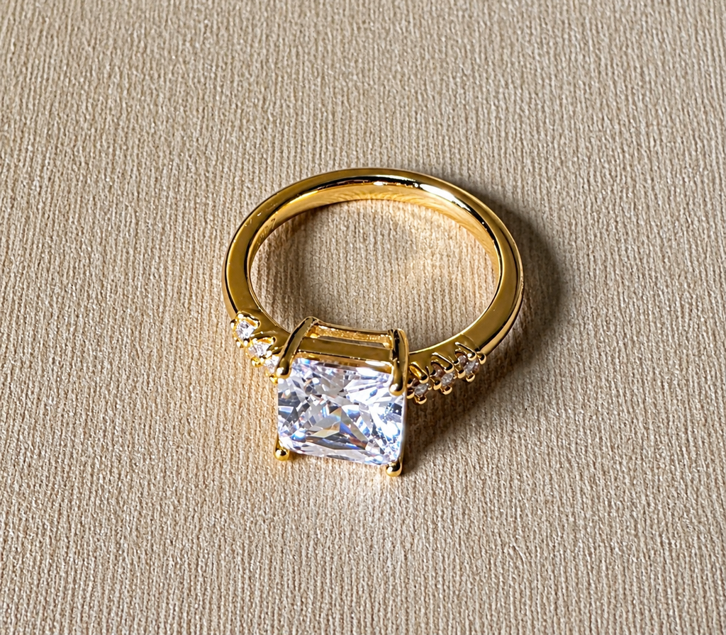 Radiant Cushion-Cut Solitaire Ring- 14K Gold Filled. Size 7