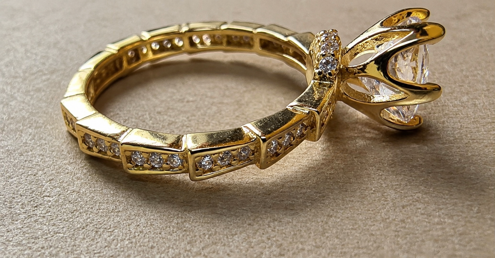 Elegant Gold Solitaire Ring with Pavé Band-14K Gold Filled. Size 7