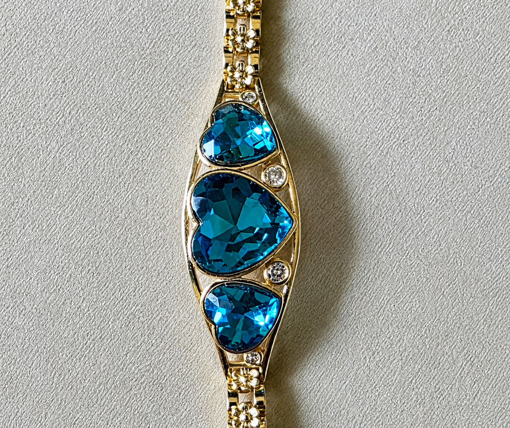 14K Gold Filled Blue Heart Crystal Bracelet – Triple Heart Gemstone Design with Floral Detail Band