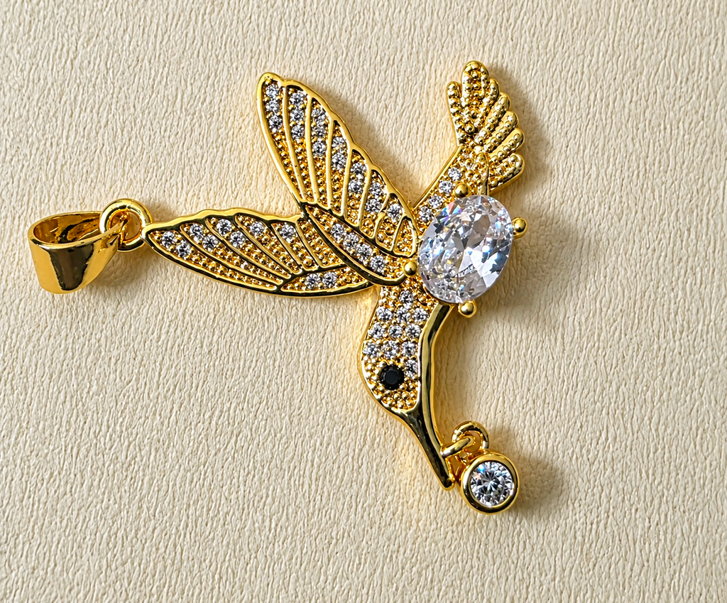 14K Gold Filled Hummingbird Pendant Necklace | Blue & Green Enamel Crystal Wings | Nature Inspired Statement Jewelry 1.35"