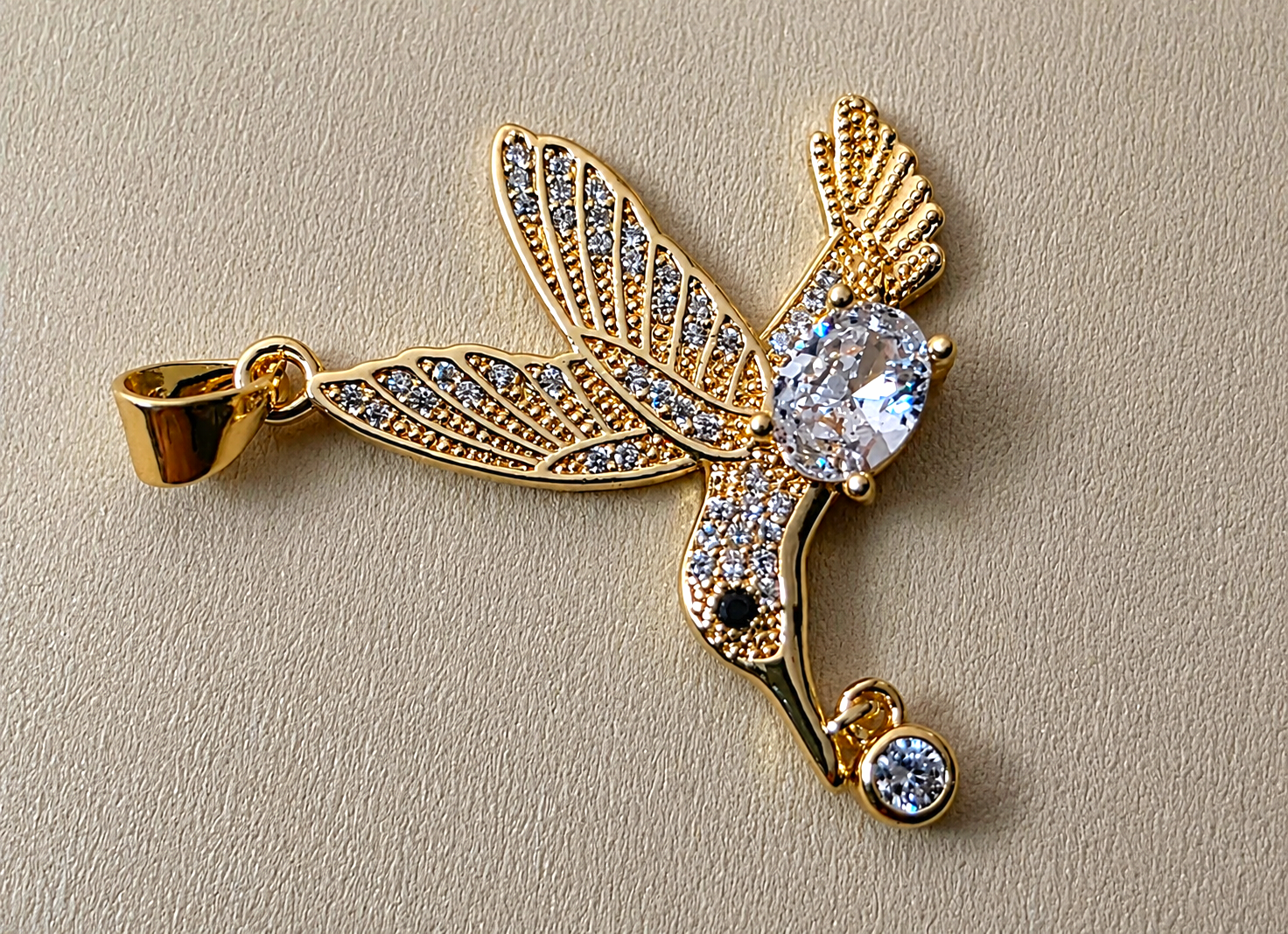 14K Gold Filled Hummingbird Pendant Necklace | Blue & Green Enamel Crystal Wings | Nature Inspired Statement Jewelry 1.35"